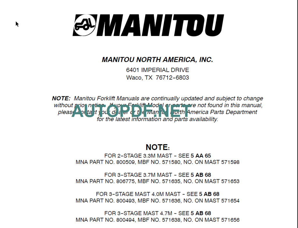 MSI30 MAST PARTS MANUAL