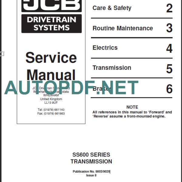 JCB Drivetrain SS600 Series Tranmission Service Manual