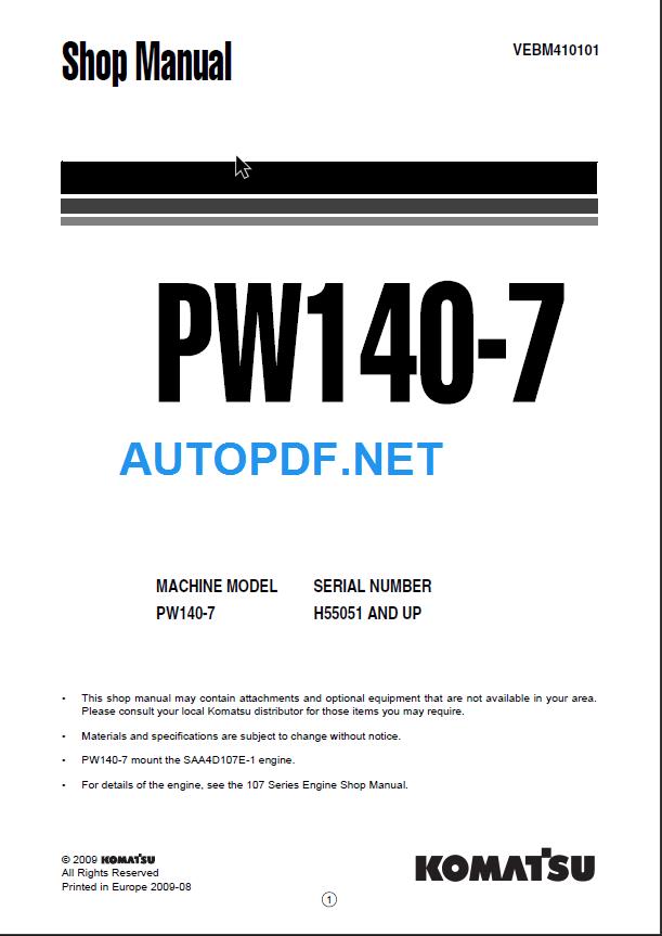 PW140-7 (H55051 and up) Shop Manual