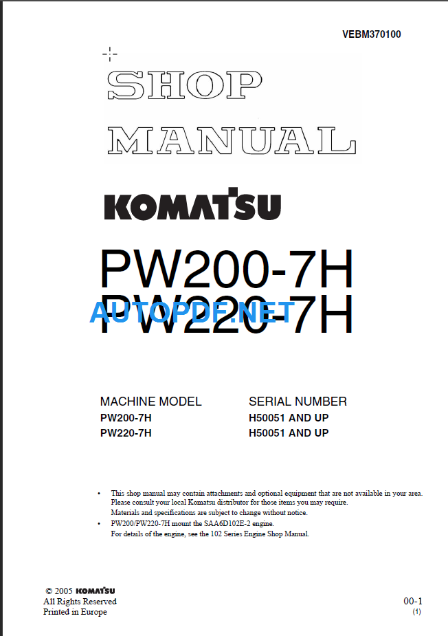 PW200-7H, PW220-7H Shop Manual