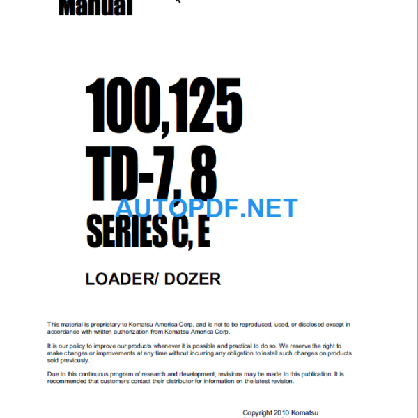 Komatsu 100125 TD-7 8 SERIES C E LOADER DOZER Shop Manual