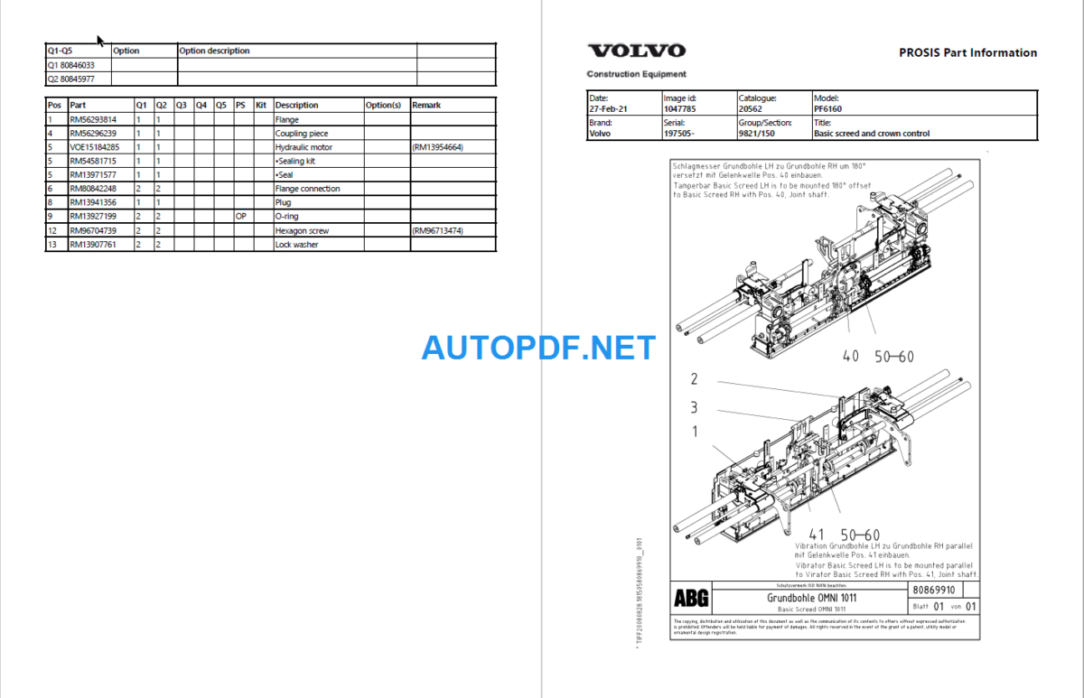 PF6160 Wheeled Pavers Parts Manual