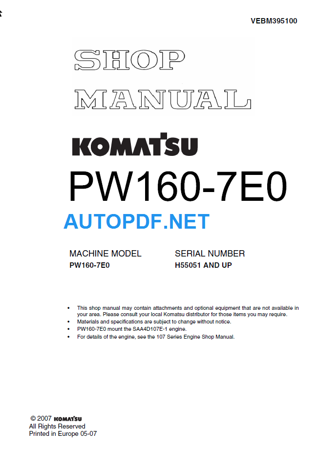 PW160-7E0 Shop Manual