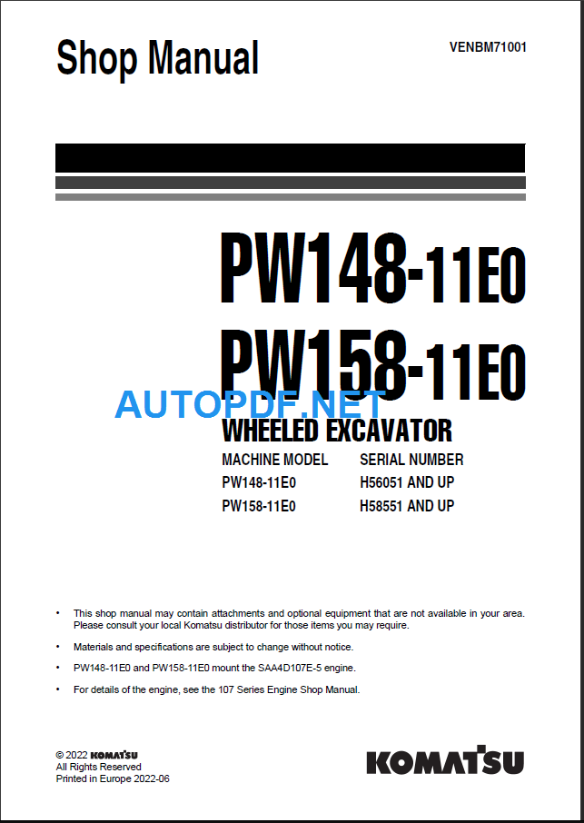 PW148-11E0, PW158-11E0 Shop Manual 2022