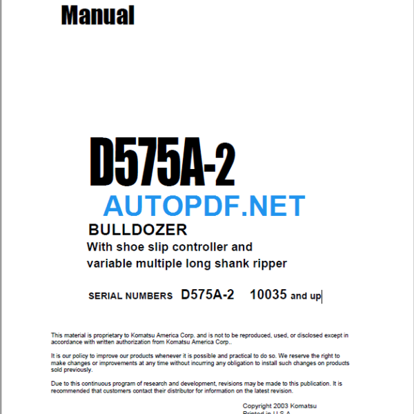 Komatsu Dozer D575A-2 Shop Manual