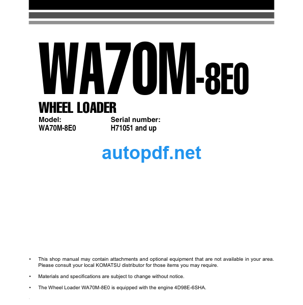 WA70M-8E0 H71051 and up Shop Manual