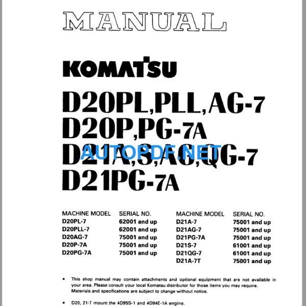 Komatsu Dozer D20PLPLLAG-7 D20PPG-7A D21AGAGQC-7 D21PG-7A Shop Manual