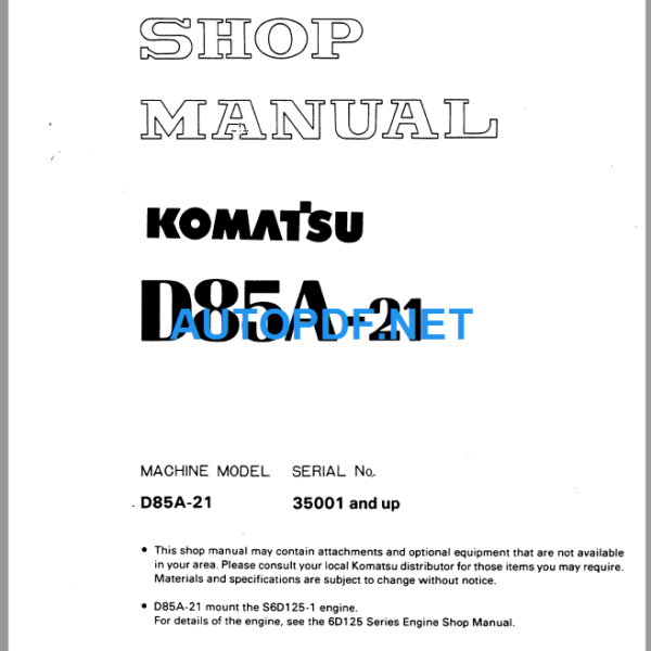 Komatsu Dozer D85A-21 Shop Manual