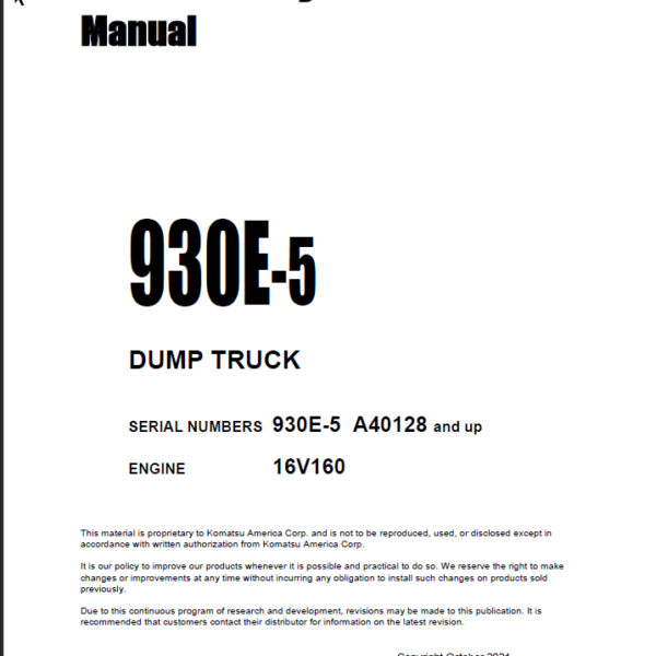 Komatsu 930E-5 (A40128 and up) Shop Manual