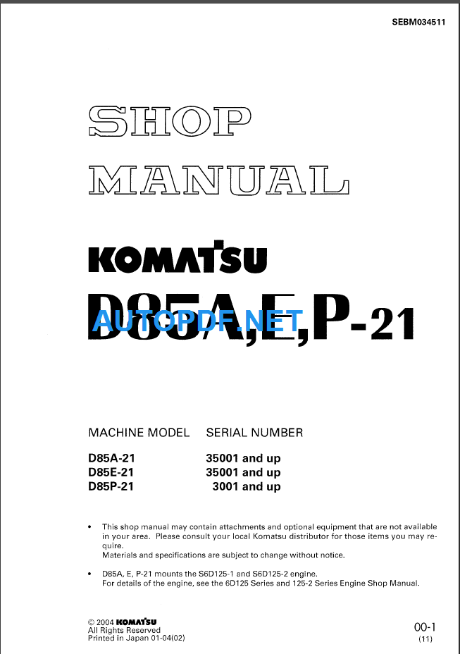 D85A E(35001 and up) P-21 Shop Manual (3001 and up)