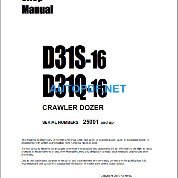 Komatsu Dozer D31S-16 D31Q-16 Shop Manual