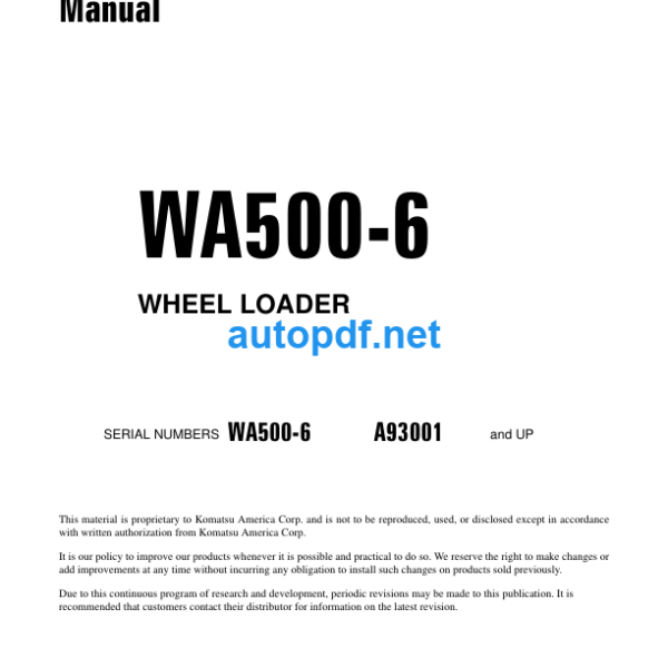 WA500-6 (SERIAL NUMBER A93001 and UP) Shop Manual