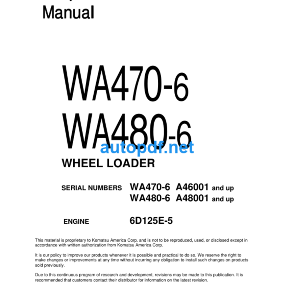 WA470-6 WA480-6 (SERIAL NUMBER A46001 and up) Shop Manual