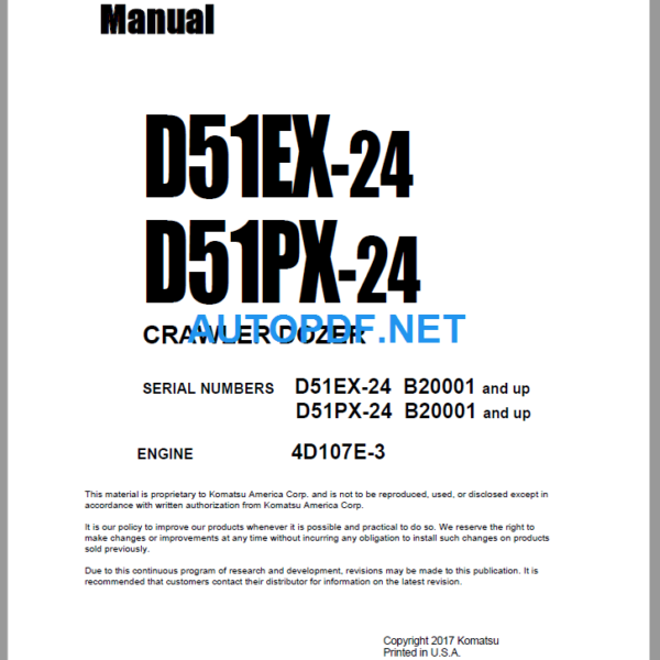 Komatsu Dozer D51EX-24 D51PX-24 Shop Manual