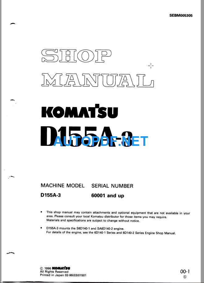 Komatsu Dozer D155A-3 Shop Manual