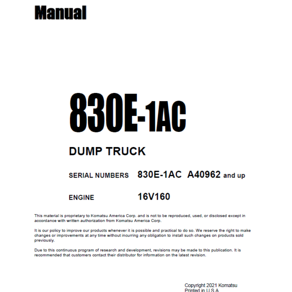 Komatsu 830E-1AC Field Assembly Manual (A40962 and up)
