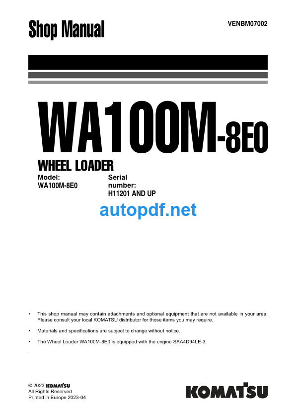 WA100M-8E0 serial H11201 AND UP Shop Manual