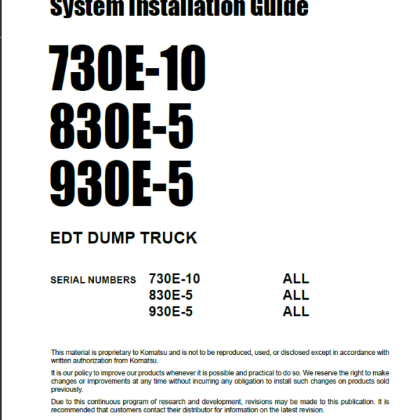 Komatsu 730E-10 830E-5 930E-5 Machine Intervention System Installation Guide Shop Manual