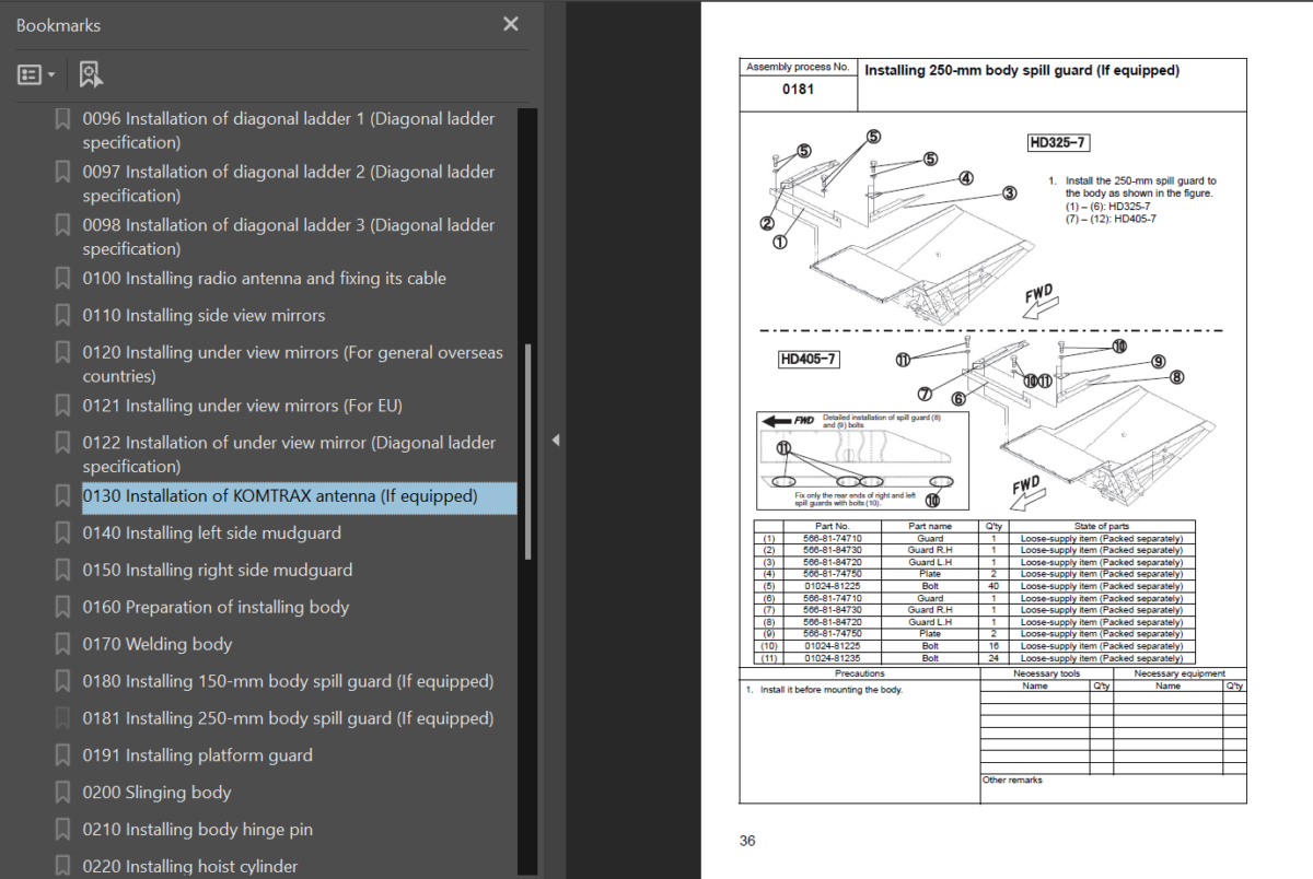 Komatsu HD325-7 (HD325-7001-7025) HD405-7 (HD405-3001-3035 HD405-7101 and up) Field Assembly Instruction