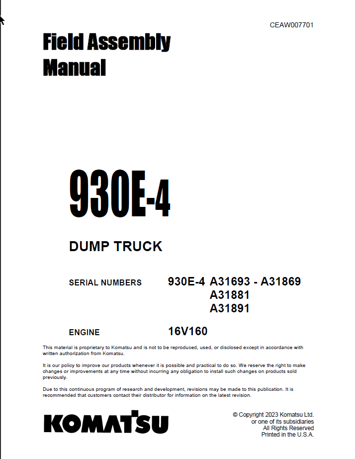 Komatsu 930E-4 Field Assembly Manual (A31693 - A31869 A31881 A31891)