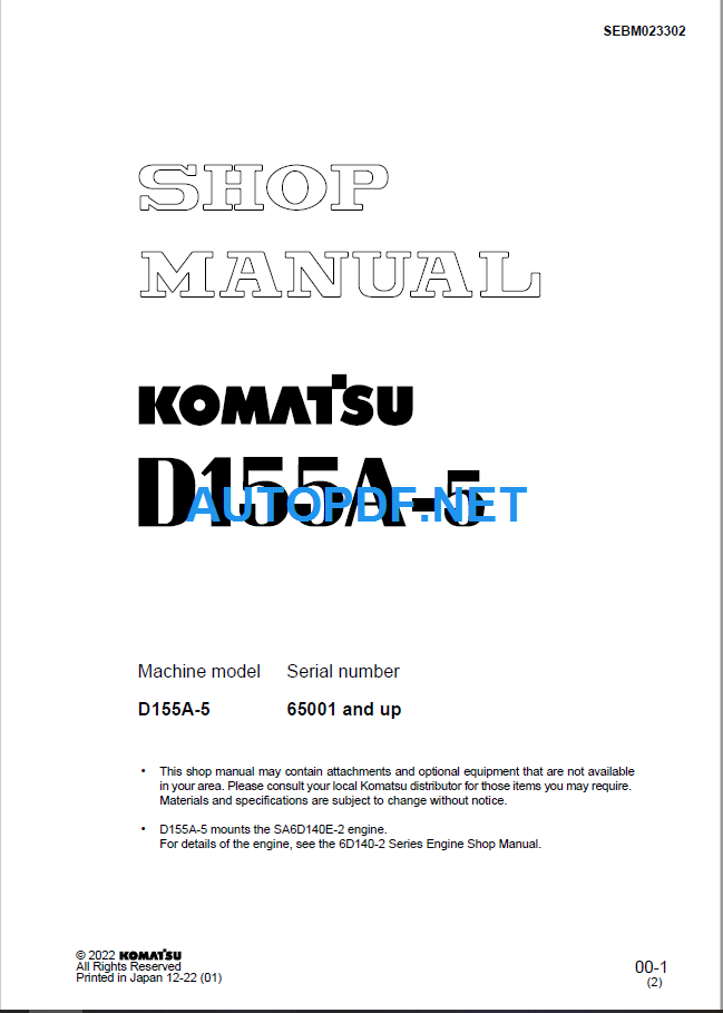 Komatsu Dozer D155A-5 Shop Manual