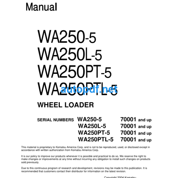 WA250-5 WA250L-5 WA250PT-5 WA250PTL-5 Shop Manual