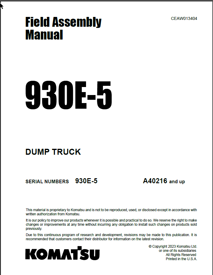 Komatsu 930E-5 Field Assembly Manual (A40216 and up)