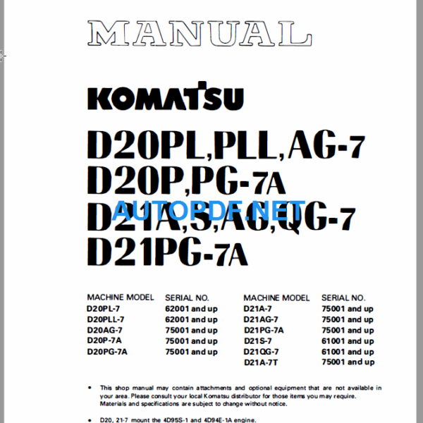 Komatsu Dozer D20PLPLLAG-7 D20PPG-7A D21ASAGQC-7 S21PG-7A Shop Manual