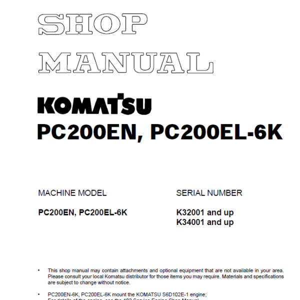 Komatsu PC200EN PC200EL-6K Shop Manual