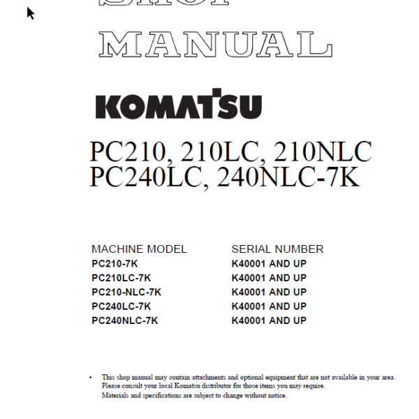 PC210 210LC 210NLC PC240LC 240NLC-7K Shop Manual