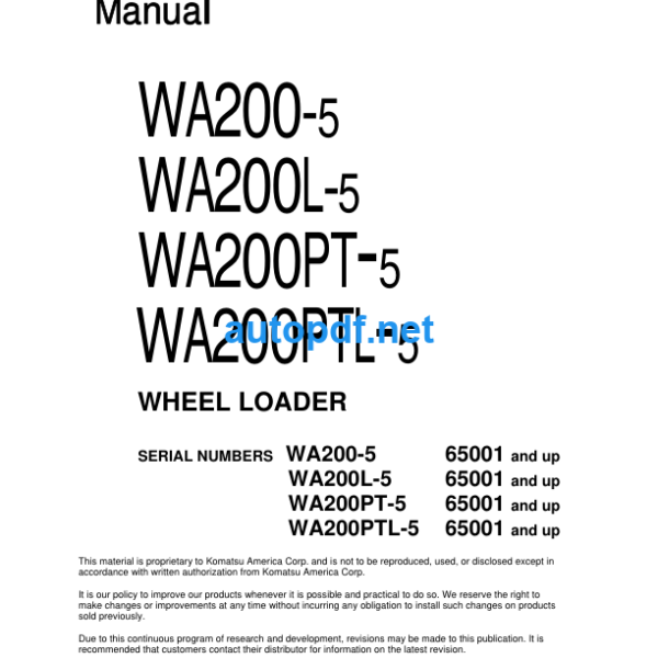 WA200-5 WA200L-5 WA200PT-5 WA200PTL-5 Shop Manual