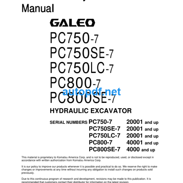 HYDRAULIC EXCAVATOR PC750-7 PC750SE-7 PC750LC-7 PC800-7 PC800SE-7 Field Assembly Manual