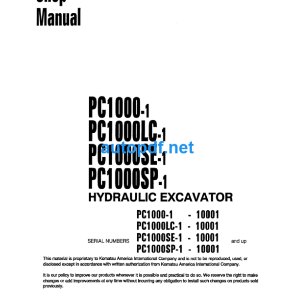 HYDRAULIC EXCAVATOR PC1000-1 PC1000LC-1 PC1000SE-1 PC1000SP-1 Shop Manual