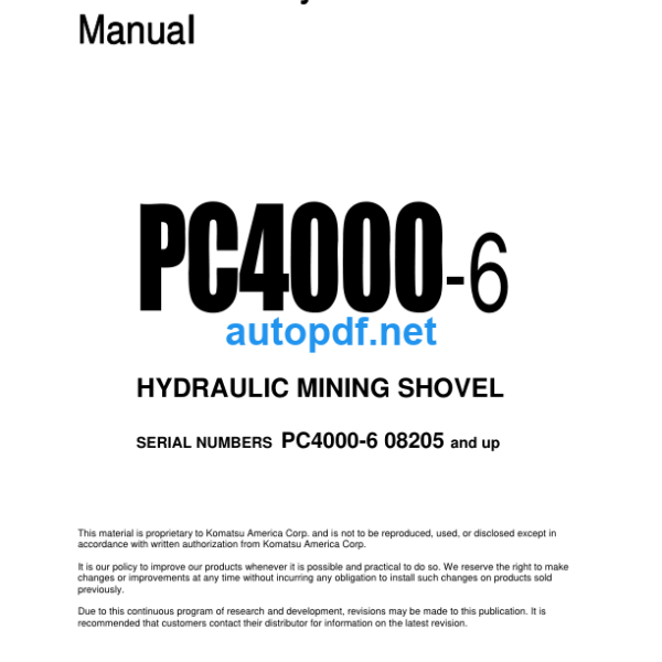 HYDRAULIC EXCAVATOR PC4000-6 (08205 and up) Field Assembly Manual