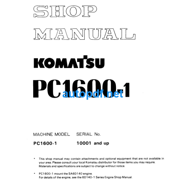 HYDRAULIC EXCAVATOR PC1600-1 Shop Manual