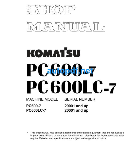 HYDRAULIC EXCAVATOR PC600-7 PC600LC-7 Shop Manual