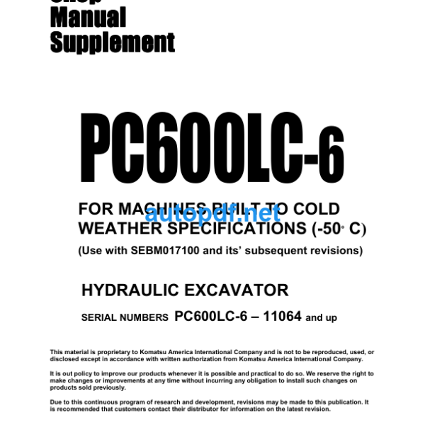 HYDRAULIC EXCAVATOR PC600LC-6 (11064 and up) Shop Manual