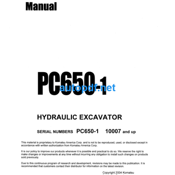 HYDRAULIC EXCAVATOR PC650-1 Shop Manual