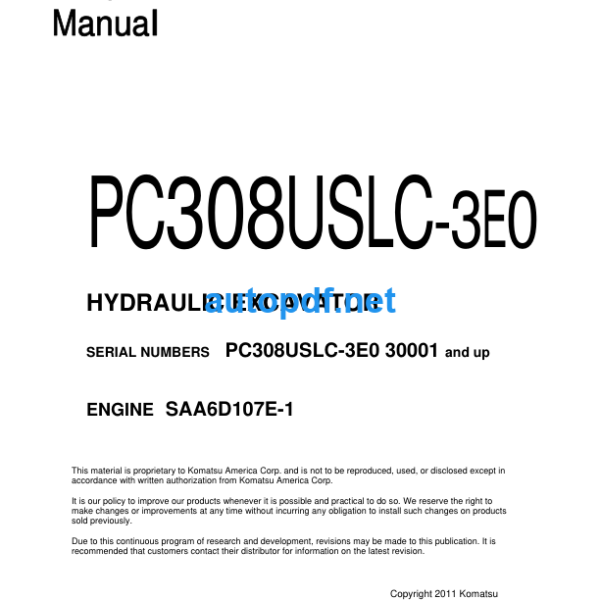 HYDRAULIC EXCAVATOR PC308USLC-3E0 Shop Manual