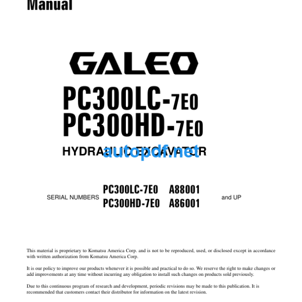 HYDRAULIC EXCAVATOR PC300LC-7E0 PC300HD-7E0 GALEO Shop Manual