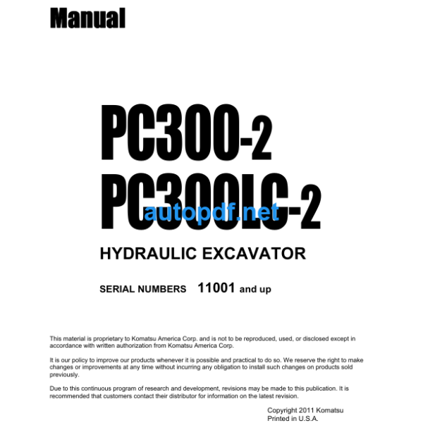 HYDRAULIC EXCAVATOR PC300-2 PC300LC-2 Shop Manual