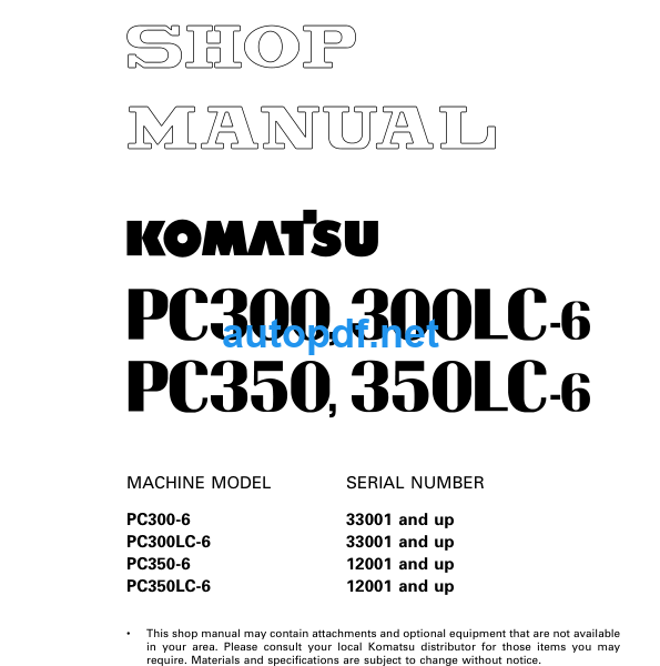 HYDRAULIC EXCAVATOR PC300 PC300LC-6 PC350 PC350LC-6 (33001 and up 12001 and up) Shop Manual