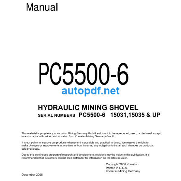 HYDRAULIC EXCAVATOR PC5500-6 (1503115035 & UP) Shop Manual