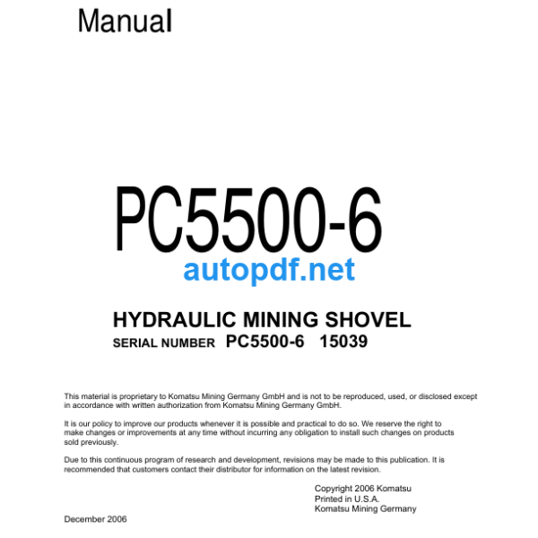 HYDRAULIC EXCAVATOR PC5500-6 (15039 and up) Shop Manual