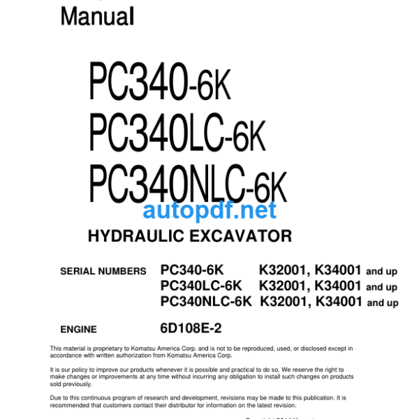 HYDRAULIC EXCAVATOR PC340-6K PC340LC-6K PC340NLC-6K Shop Manual