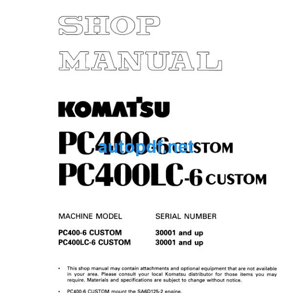 HYDRAULIC EXCAVATOR PC400-6 CUSTOM PC400LC-6 CUSTOM Shop Manual