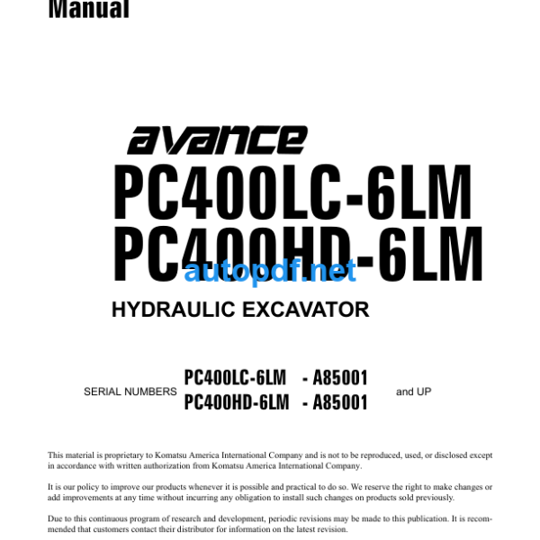 HYDRAULIC EXCAVATOR PC400LC-6LM PC400HD-6LM AVANCE Shop Manual