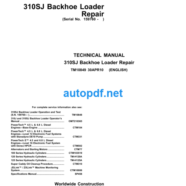 310SJ Backhoe Loader Repair Technical Manual