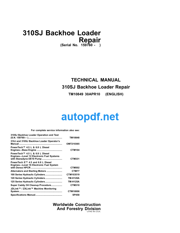 310SJ Backhoe Loader Repair Technical Manual