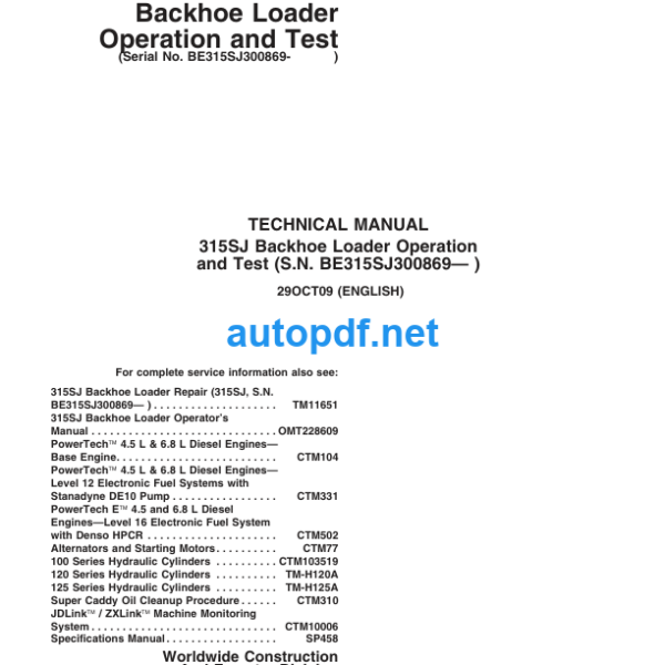 315SJ Backhoe Loader Operation and Test Technical Manual